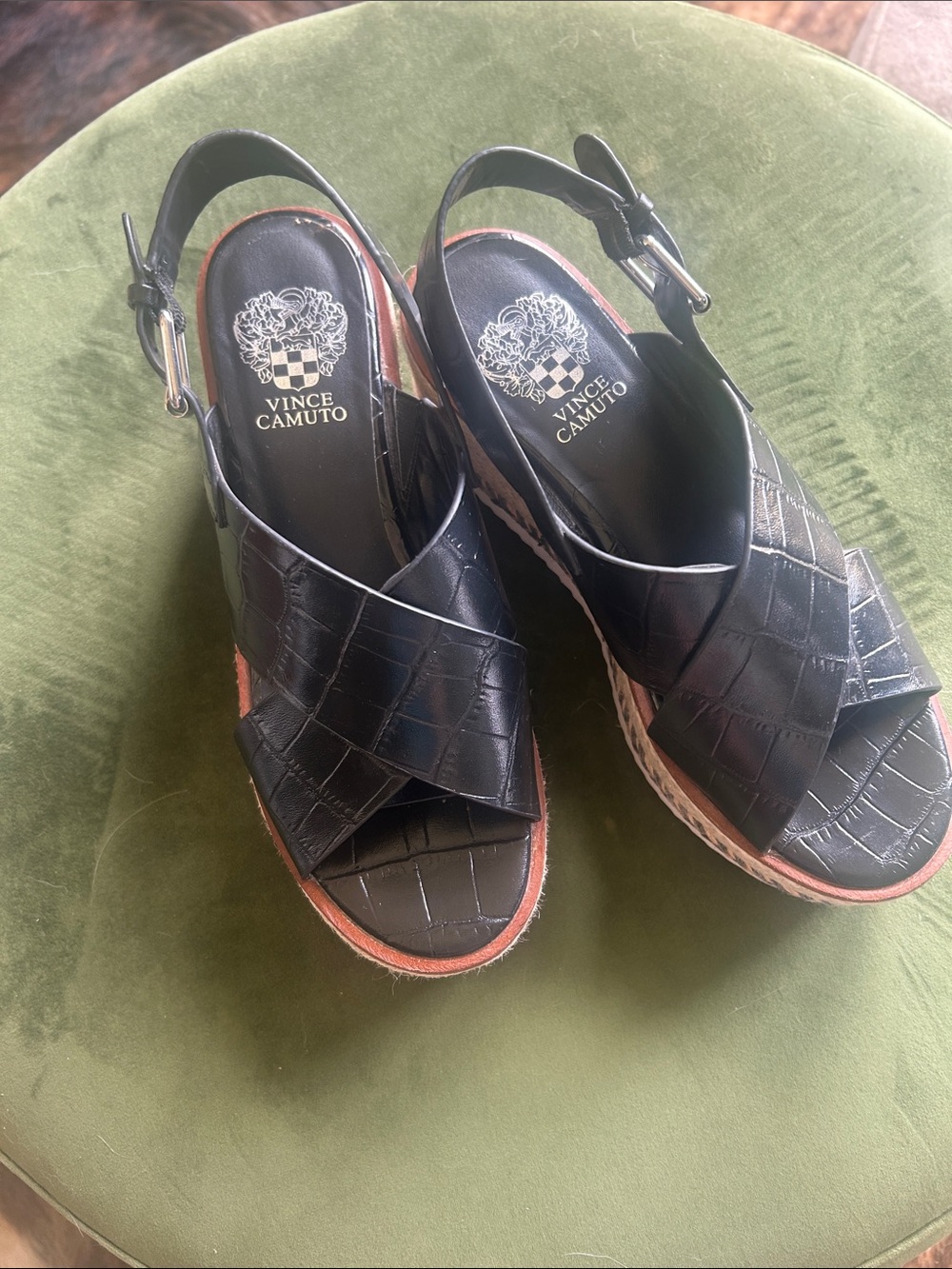 Vince Camuto Black Croc-Embossed Wedge Slingbacks